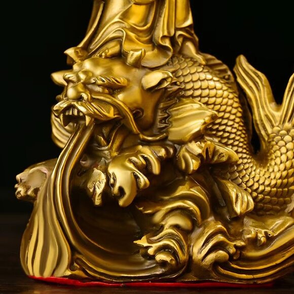 GUAN-YIN Riding a Dragon Fish BUDDHA STATUE Copper 9in Golden Metal Boddhisattva - Picture 7 of 10